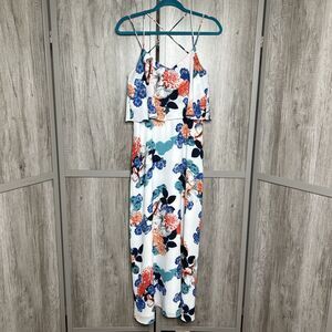 Vince Camuto Midi Dress White Color Floral Print Ruffle Neckline Size 4